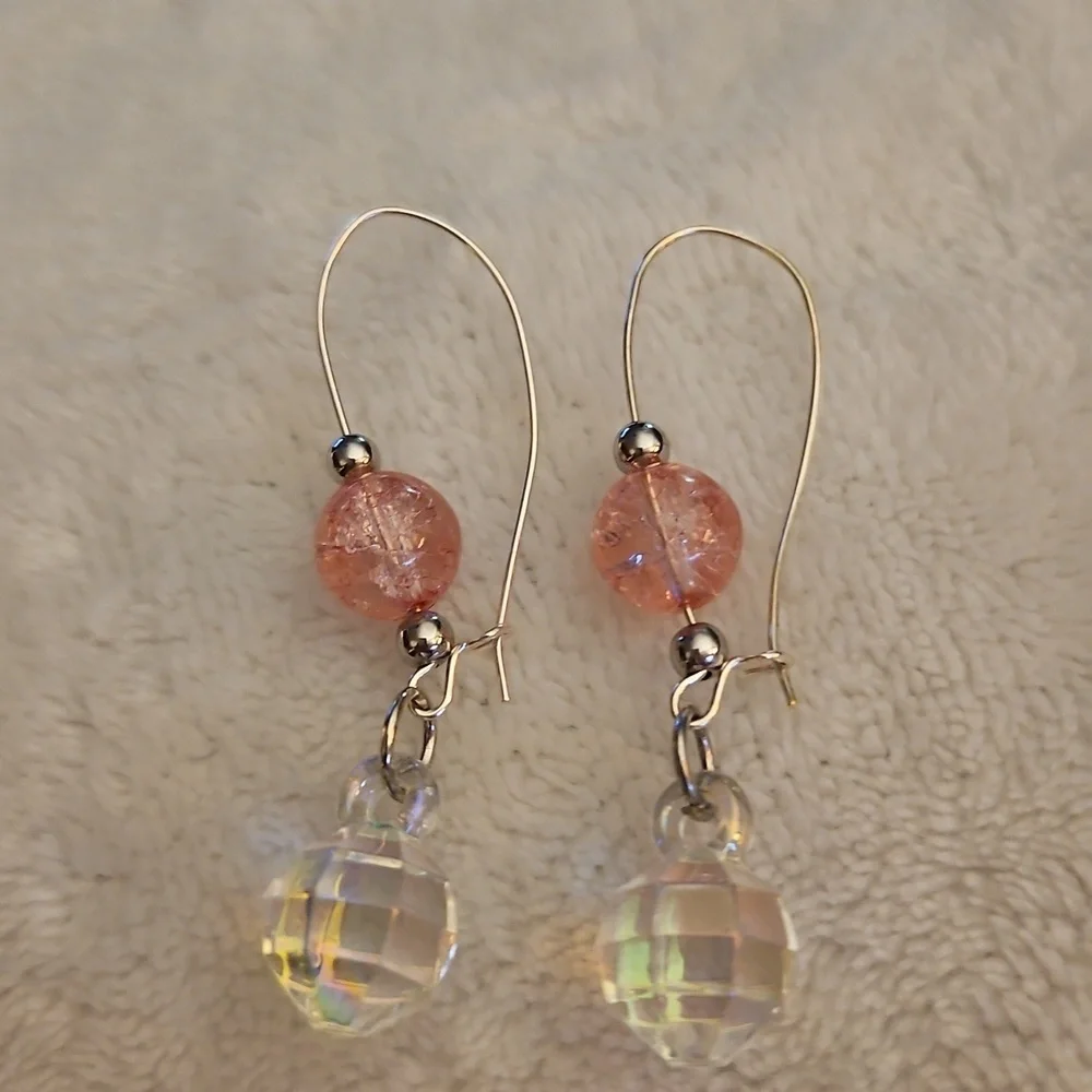 3/$30 HANDCRAFTED Silver and Pink Crackle Glass Beaded Disco Ball Hoop Earrings